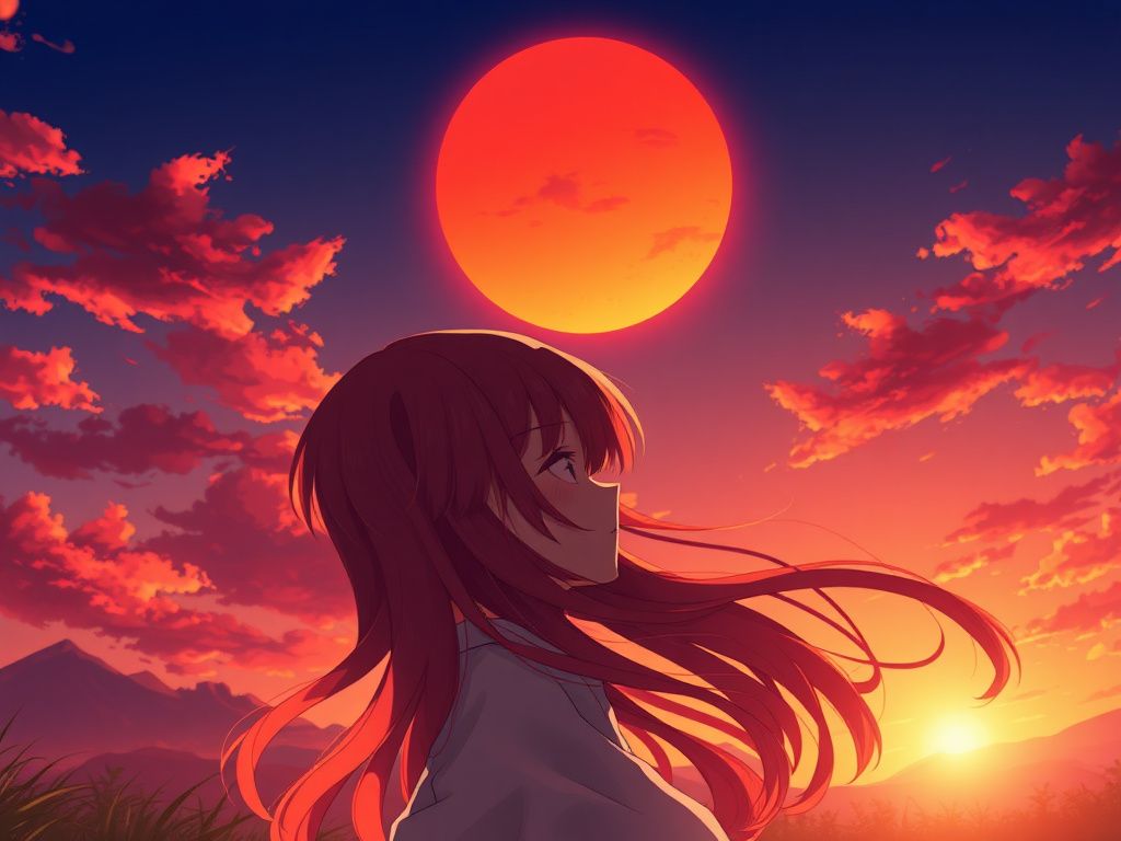 红发少女在夕阳下的高分动漫封面